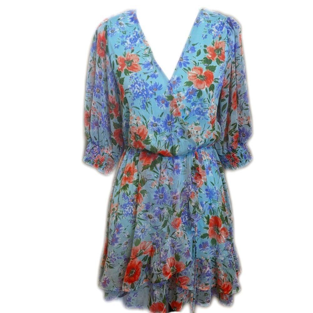 Sienna Sky aqua blue green floral flowy mini dress, elastic waistband, size S